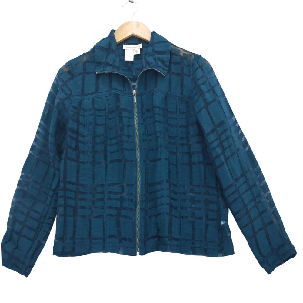 Coldwater Creek Jacket Womens 10 Teal Blue Burnout Grid Sheer Zip Front Collar